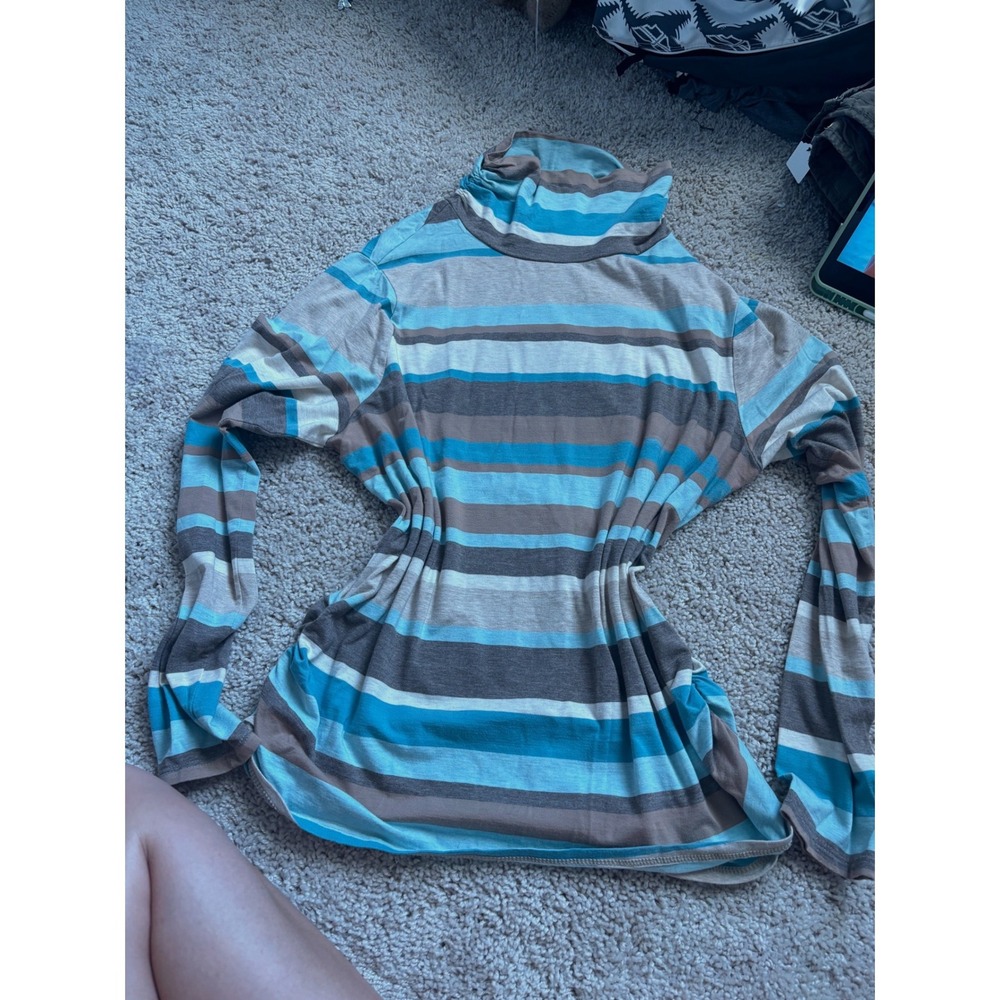 y2k Striped Turtleneck Ruched Side Top Blue Brown Coldwater Creek Long Sleeve